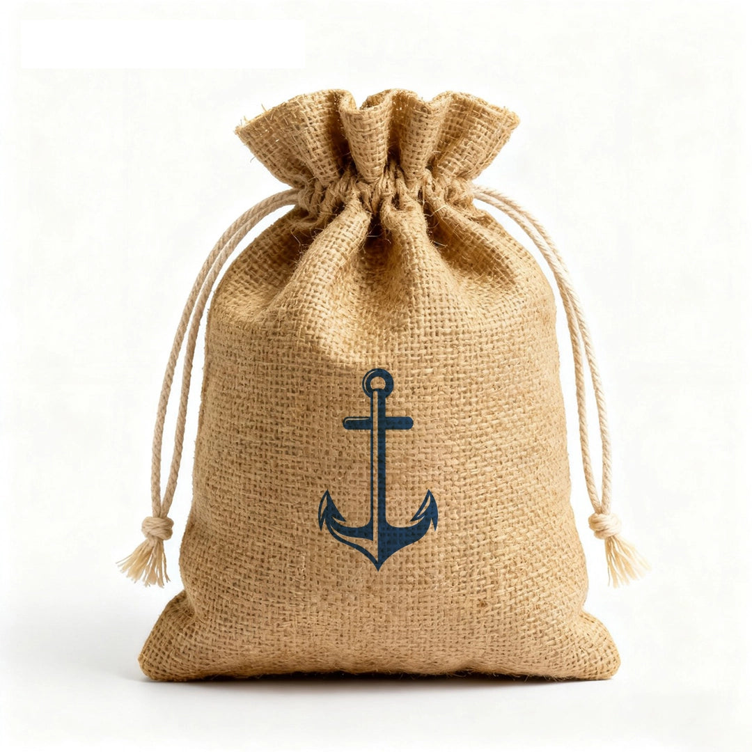 Hessian drawstring bag with an anchor design on a white background