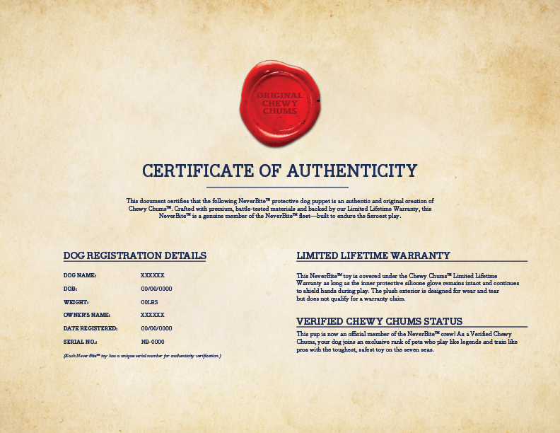 chewy chums cerificate of authenticity