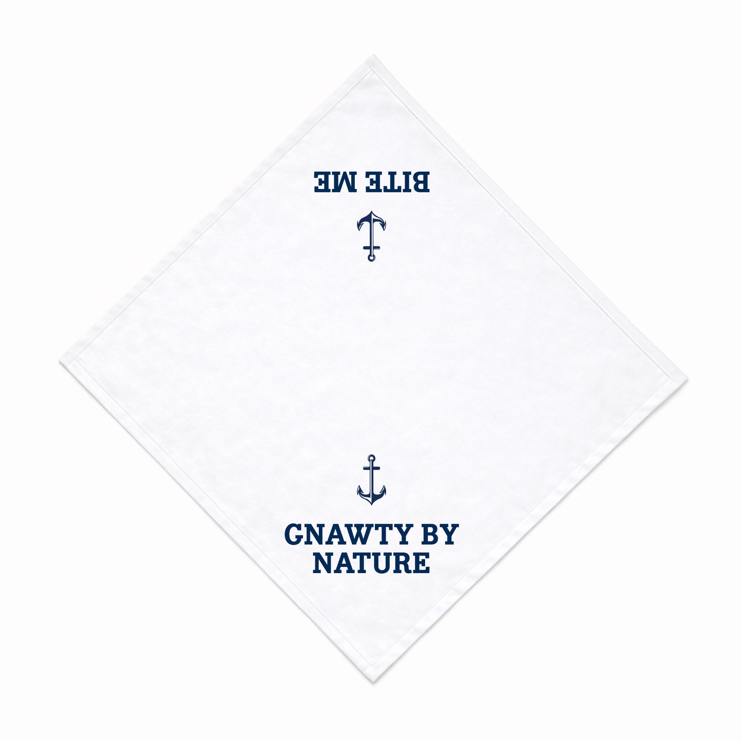White bandana with blue text and anchor design on a white background