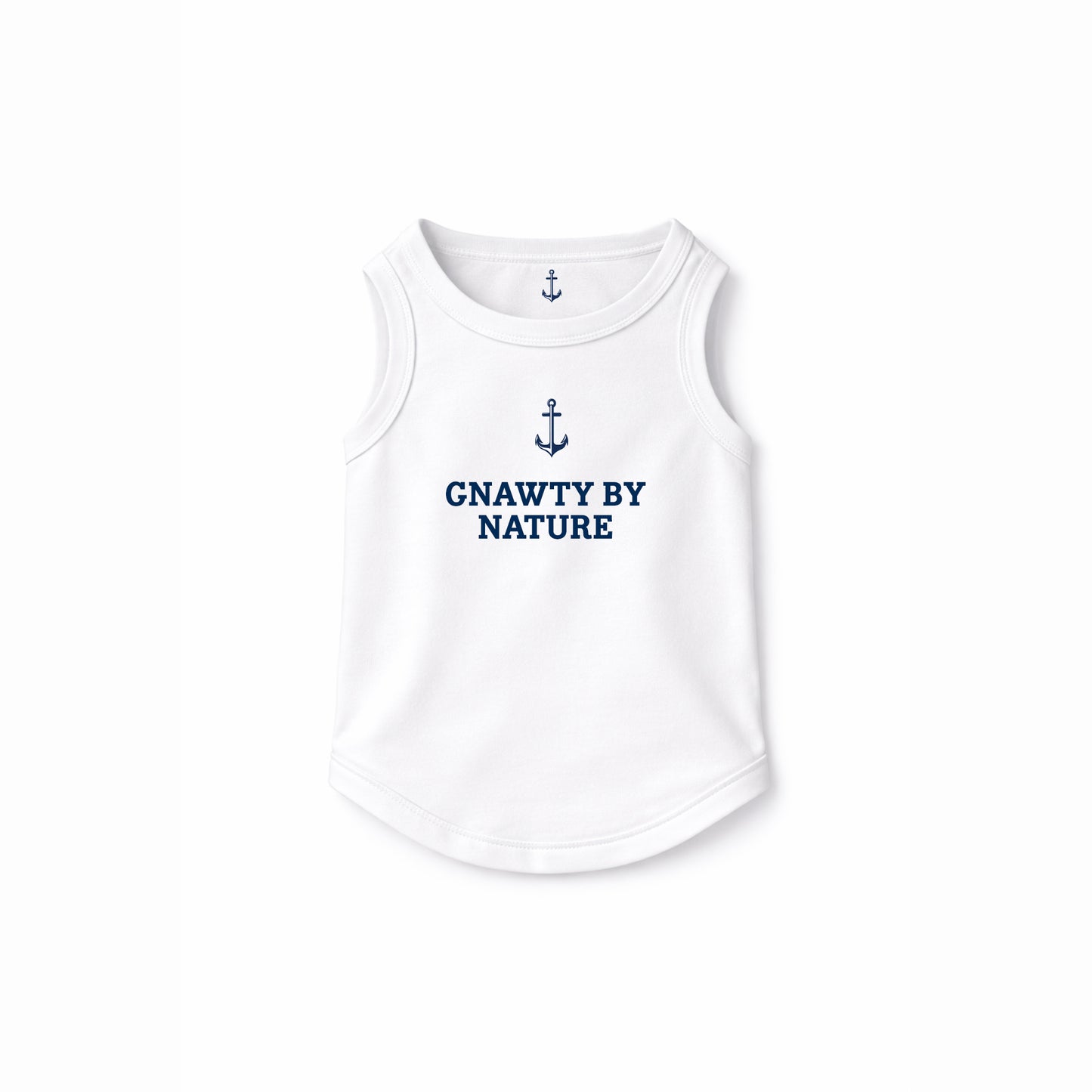 White tank top with 'GNAWTY BY NATURE' text and anchor design on a white background