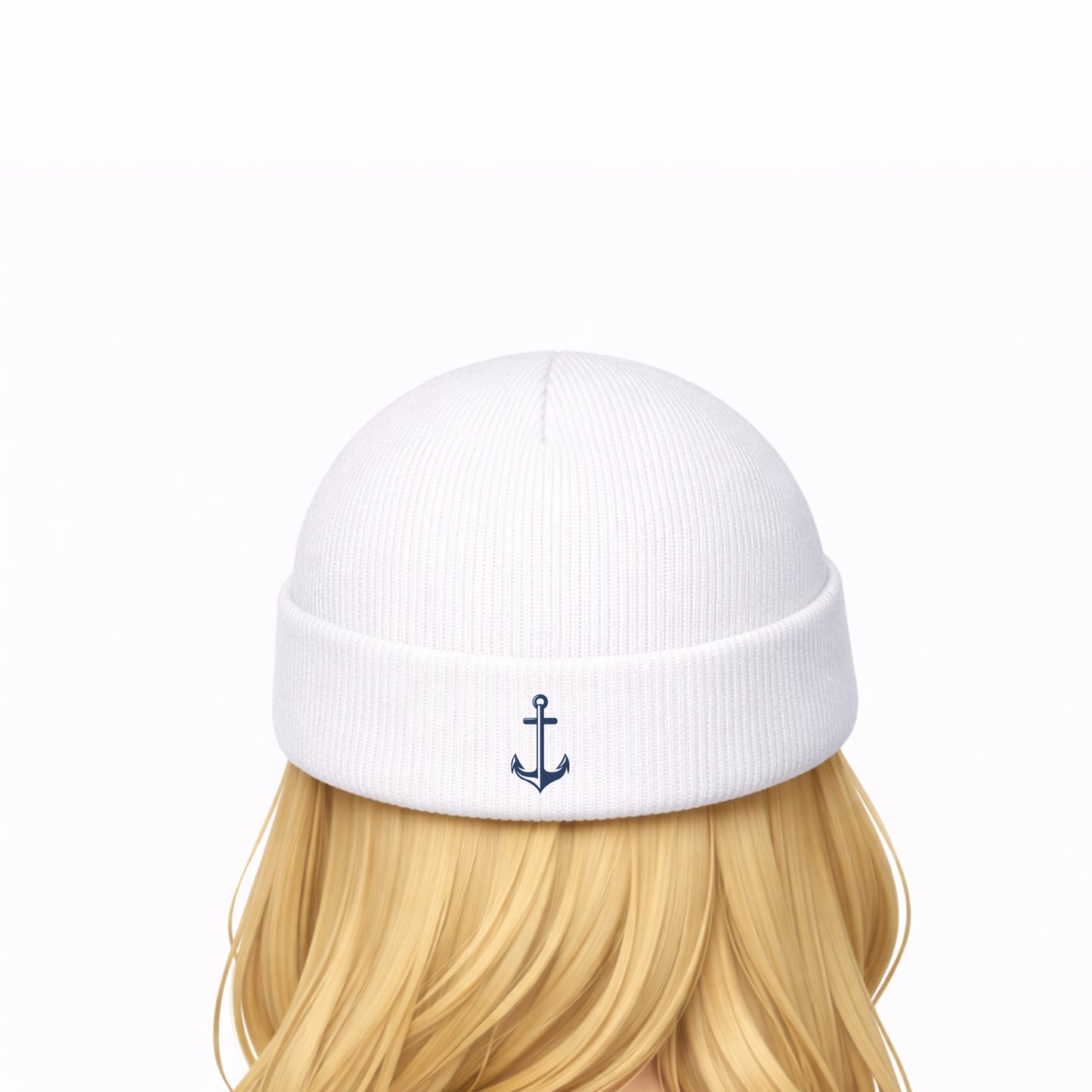 White beanie with an anchor emblem worn by a person with blonde hair on a white background