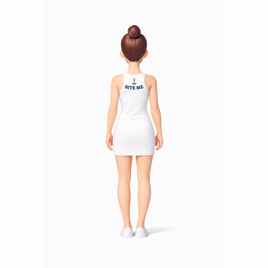 White dress with text on the back worn by a mannequin against a white background