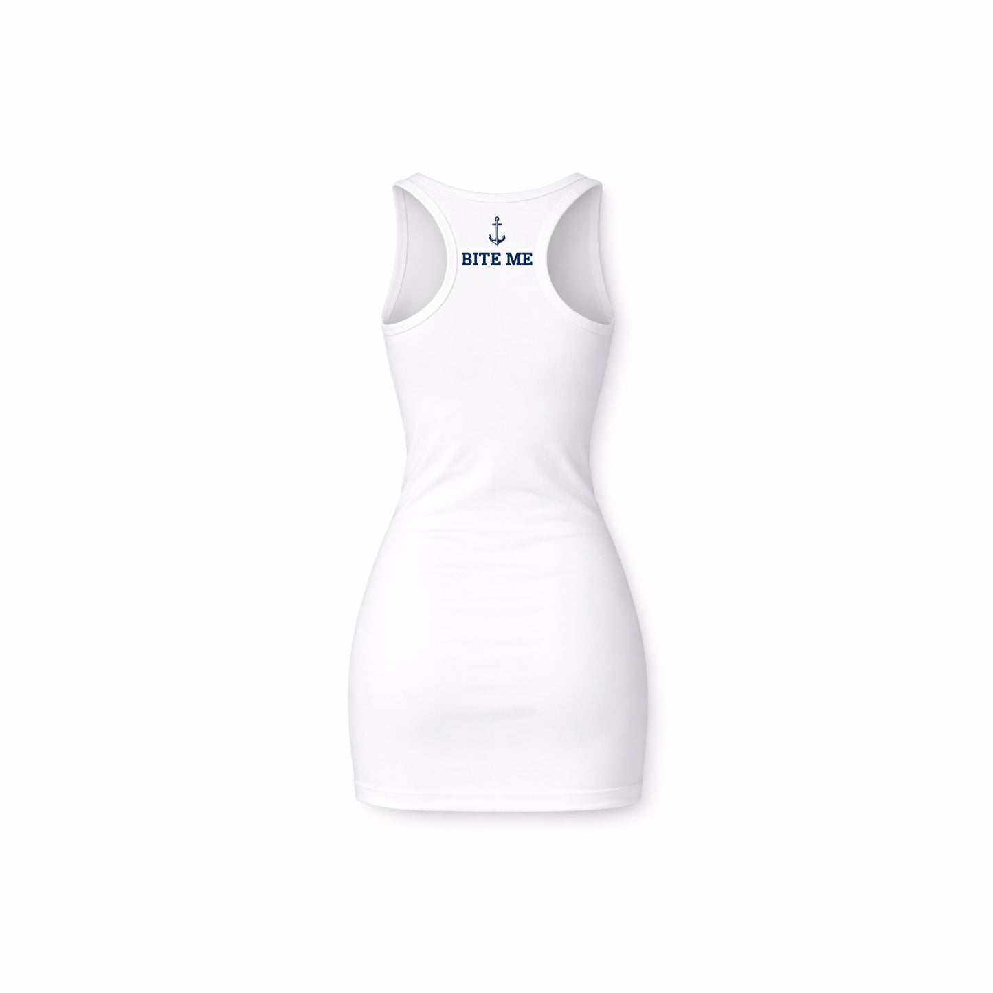 White tank top with text on a white background