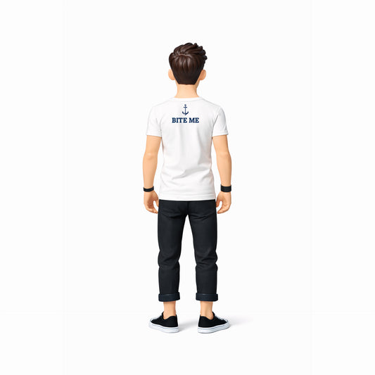 Person wearing a white t-shirt with text on the back, standing against a white background