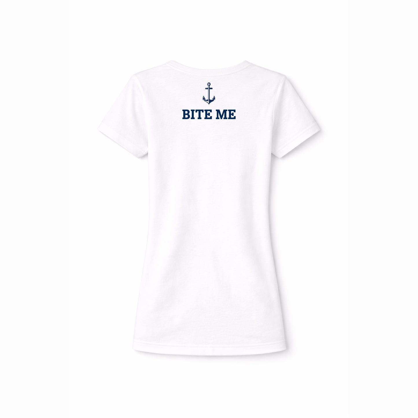 White t-shirt with an anchor and 'BITE ME' text on a white background