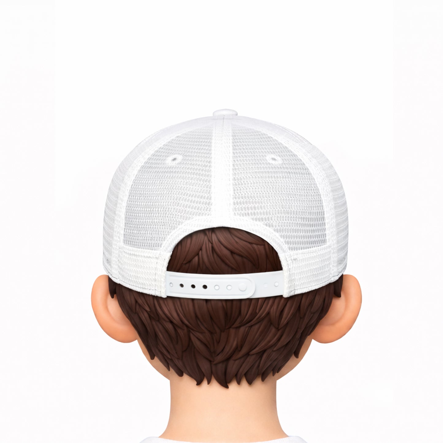 White trucker cap on a mannequin head with brown hair against a white background