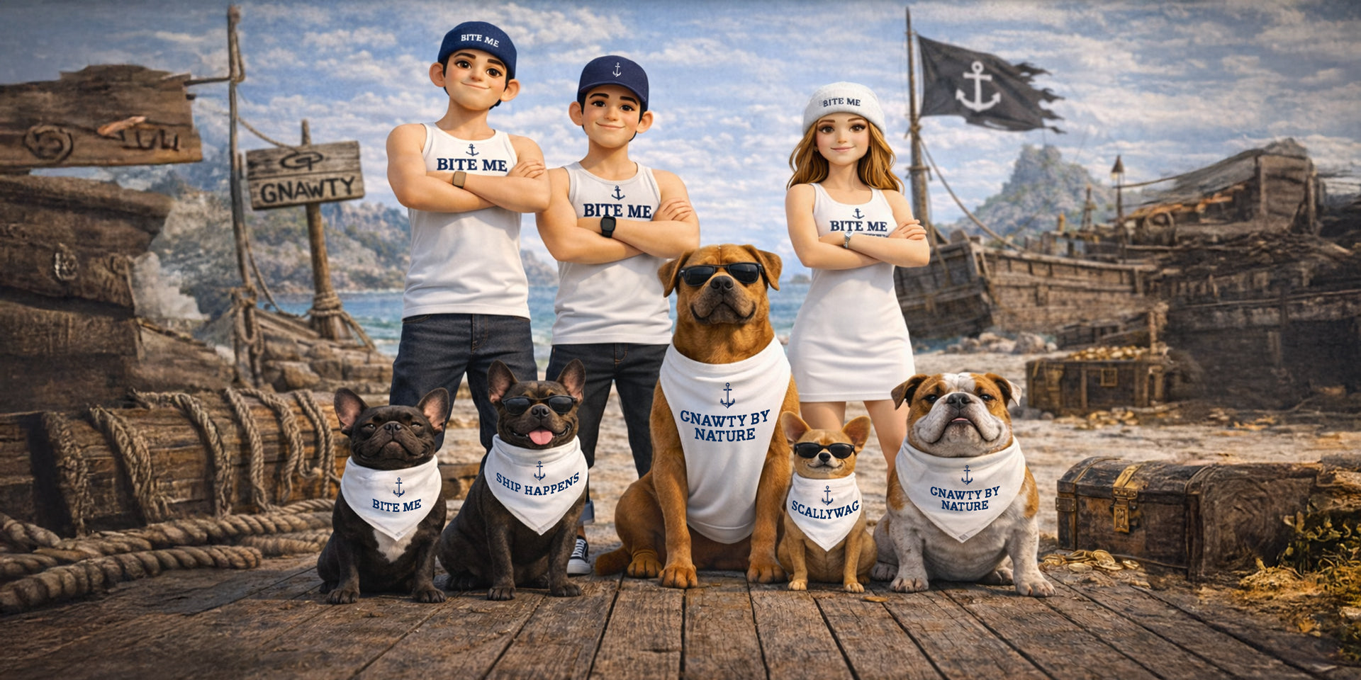 Children and dogs on a pirate-themed set with ships and signs in the background