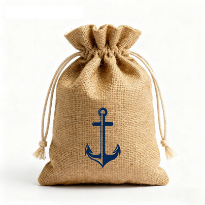 Dog treat hessian drawstring bag with a NeverBite logo mark of a blue anchor design on a white background