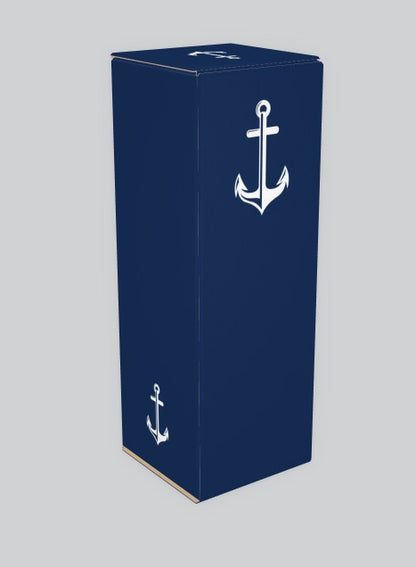 Chewy Chums navy blue box packaging with white anchor design on a gray background