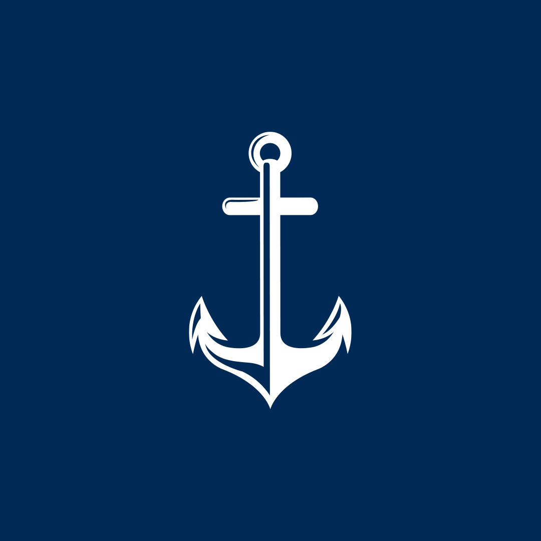 NeverBite logo mark white anchor symbol on a blue background