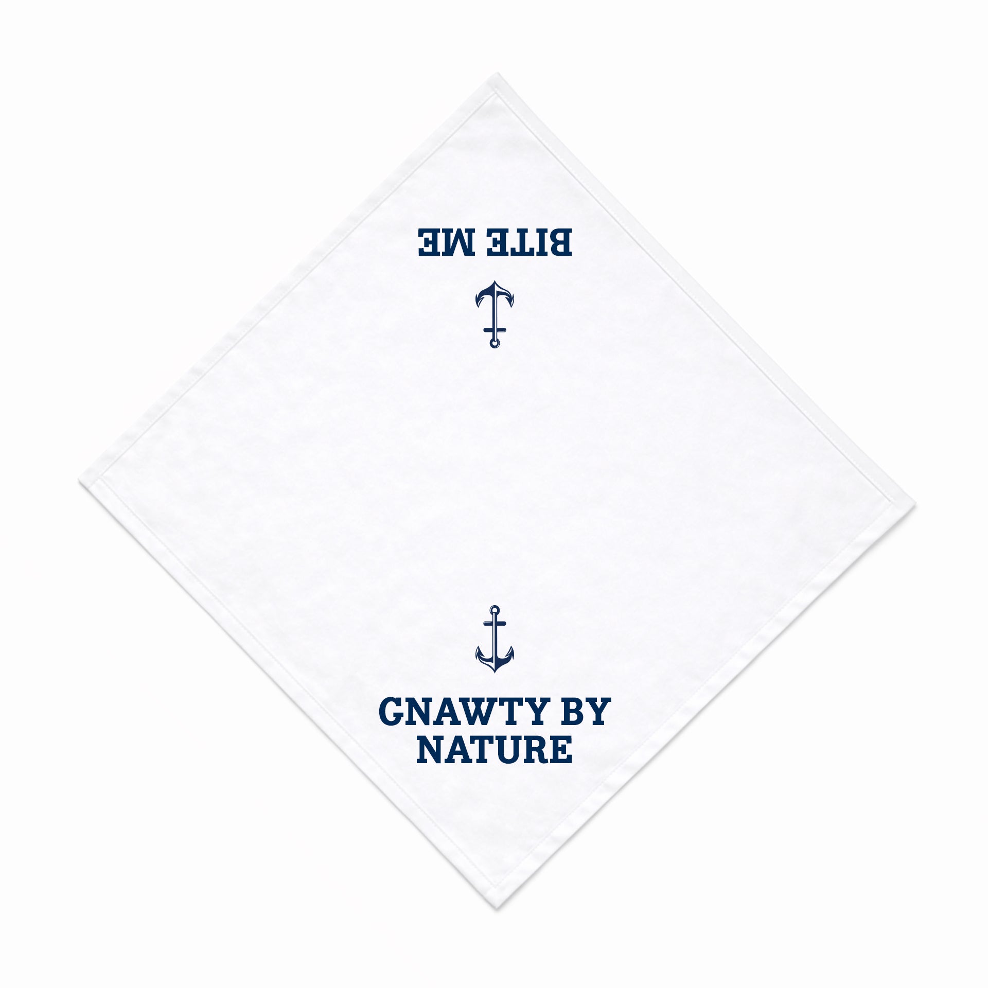 White bandana with blue text and anchor design on a white background