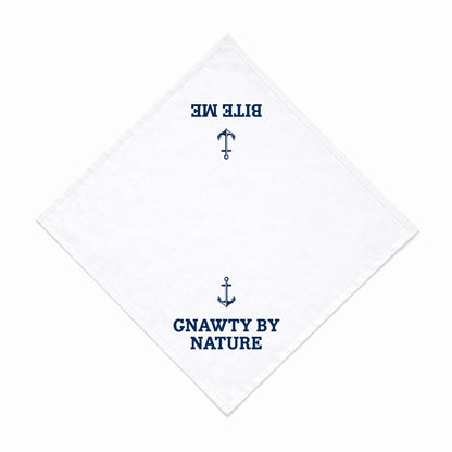 White bandana with blue text and anchor design on a white background