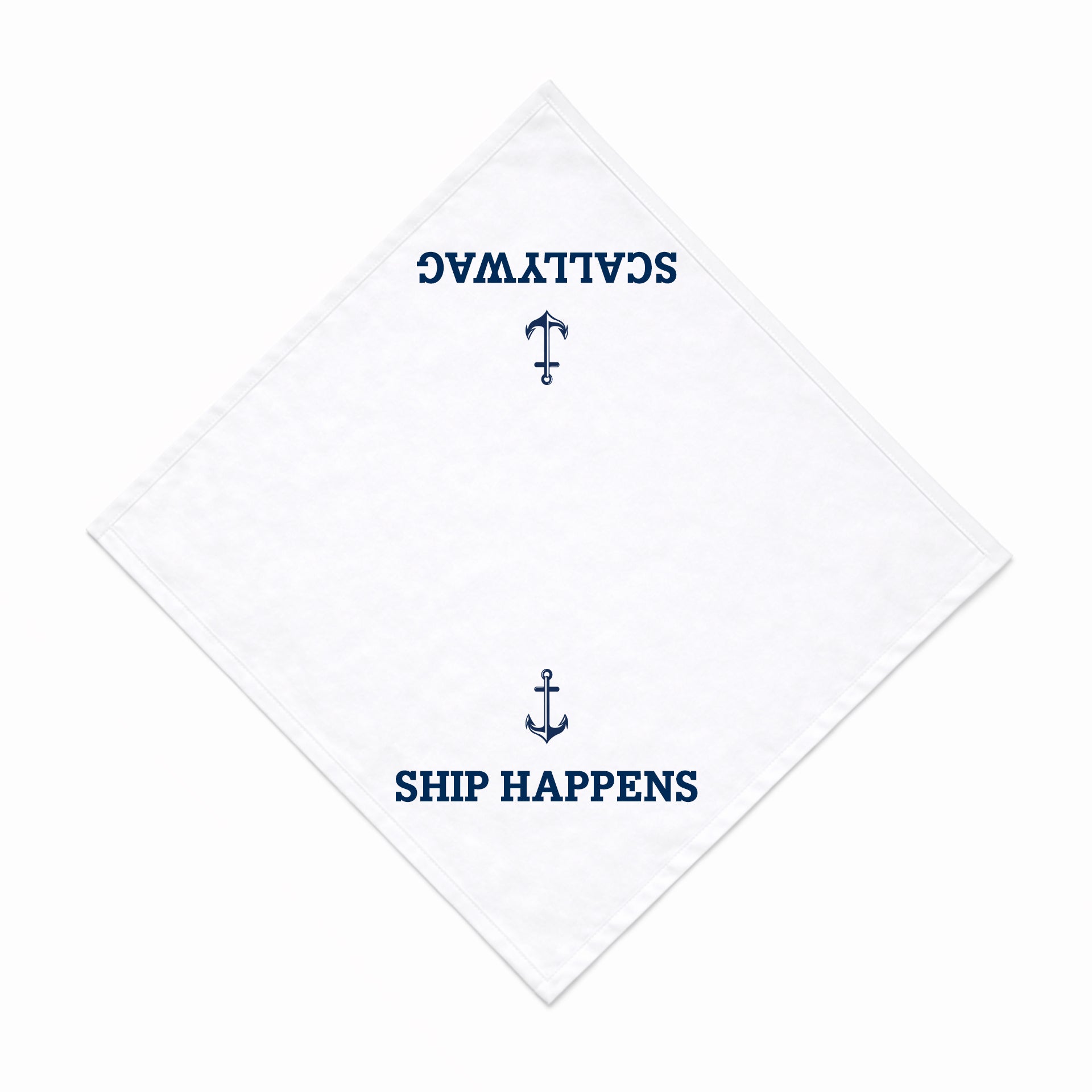 White bandana with blue text and anchor design on a white background