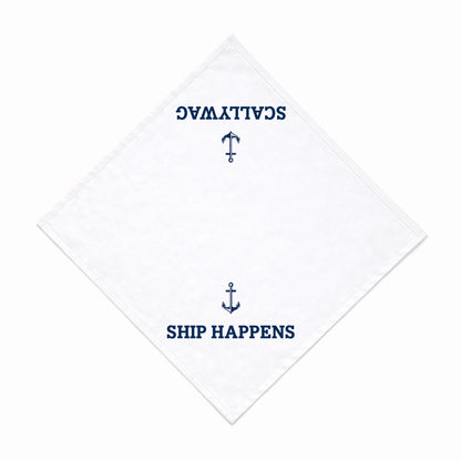 White bandana with blue text and anchor design on a white background