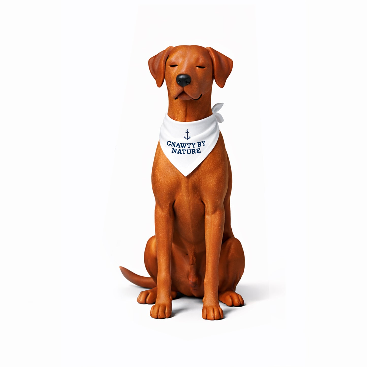 Dog figurine wearing a bandana with text on a white background