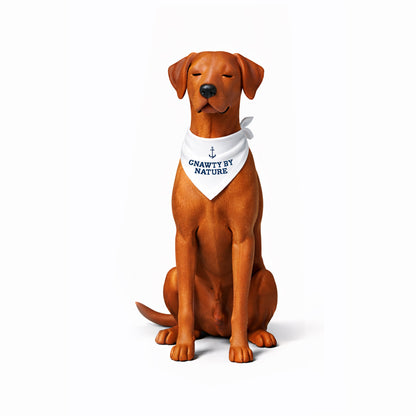 Dog figurine wearing a bandana with text on a white background