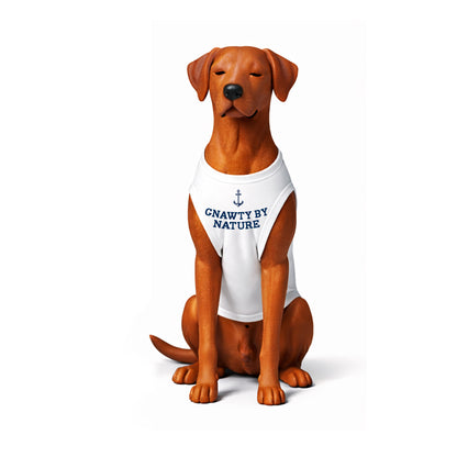 Dog figurine wearing a white tank top with text on a white background