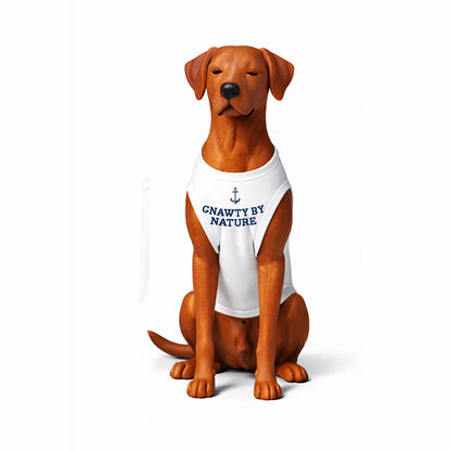 Dog statue wearing a white tank top with text on a white background