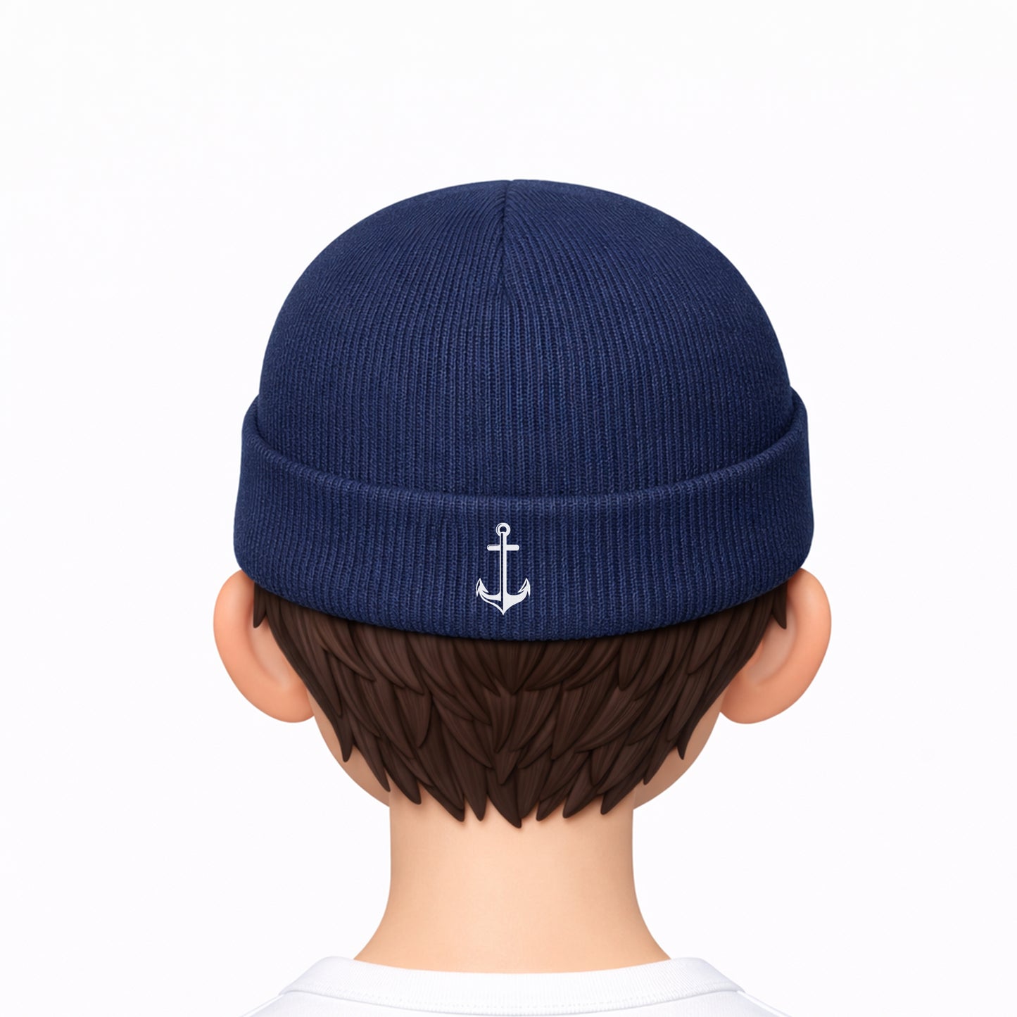 Navy blue beanie with an anchor emblem worn by a cartoon character on a white background