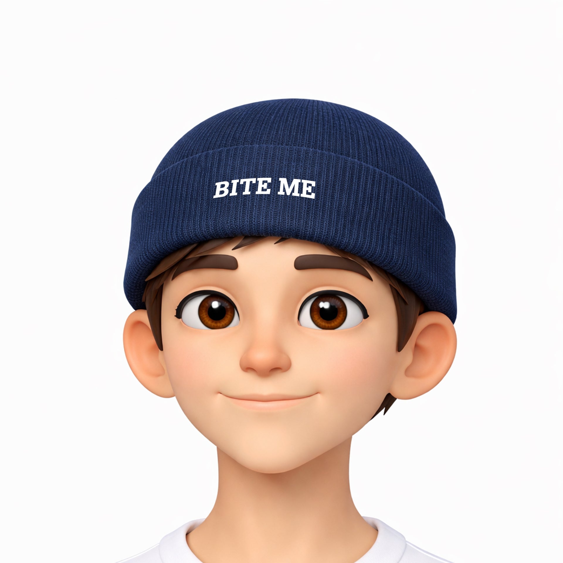 Animated character wearing a blue beanie with 'BITE ME' text on a white background