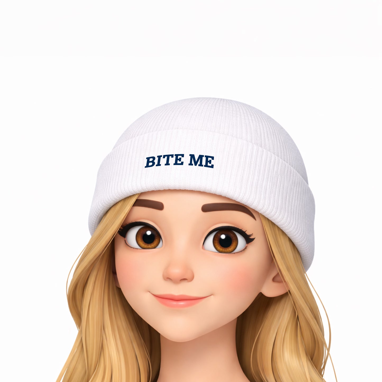 Cartoon character wearing a white beanie with 'BITE ME' text on a white background