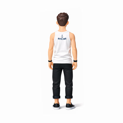 Figurine wearing a white tank top with text and black pants on a white background