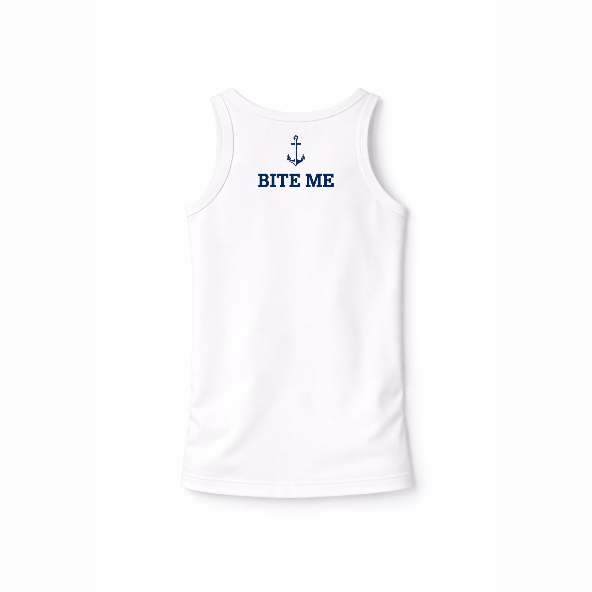 White tank top with 'BITE ME' and anchor design on a white background