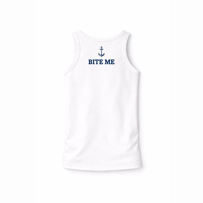 White tank top with 'BITE ME' and anchor design on a white background