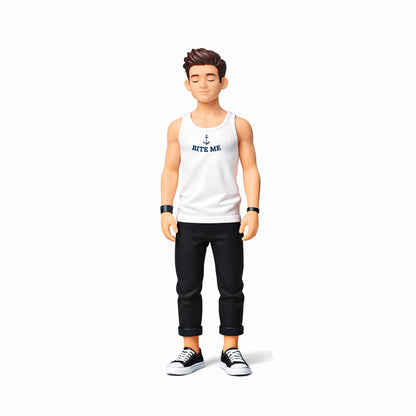 Action figure of a person wearing a white tank top with text and black pants on a white background