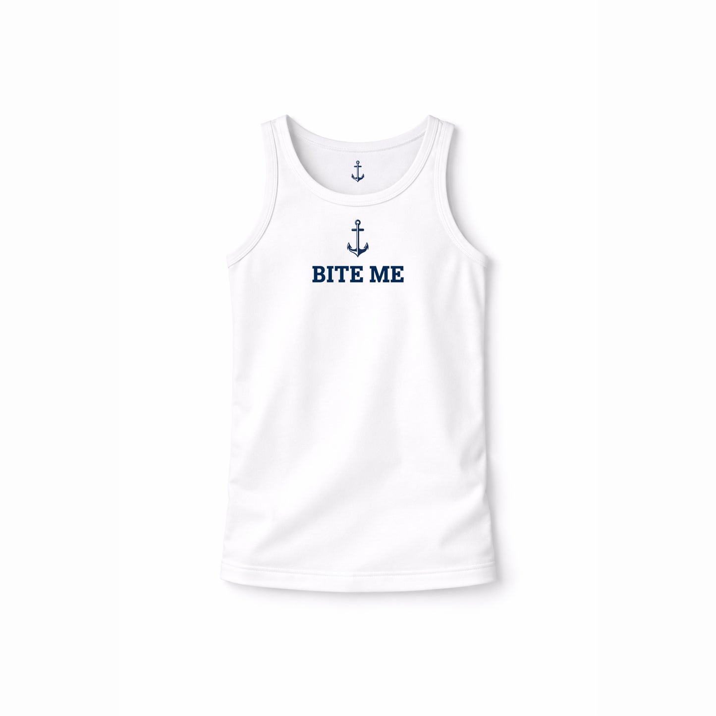White tank top with 'BITE ME' text and anchor design on a white background