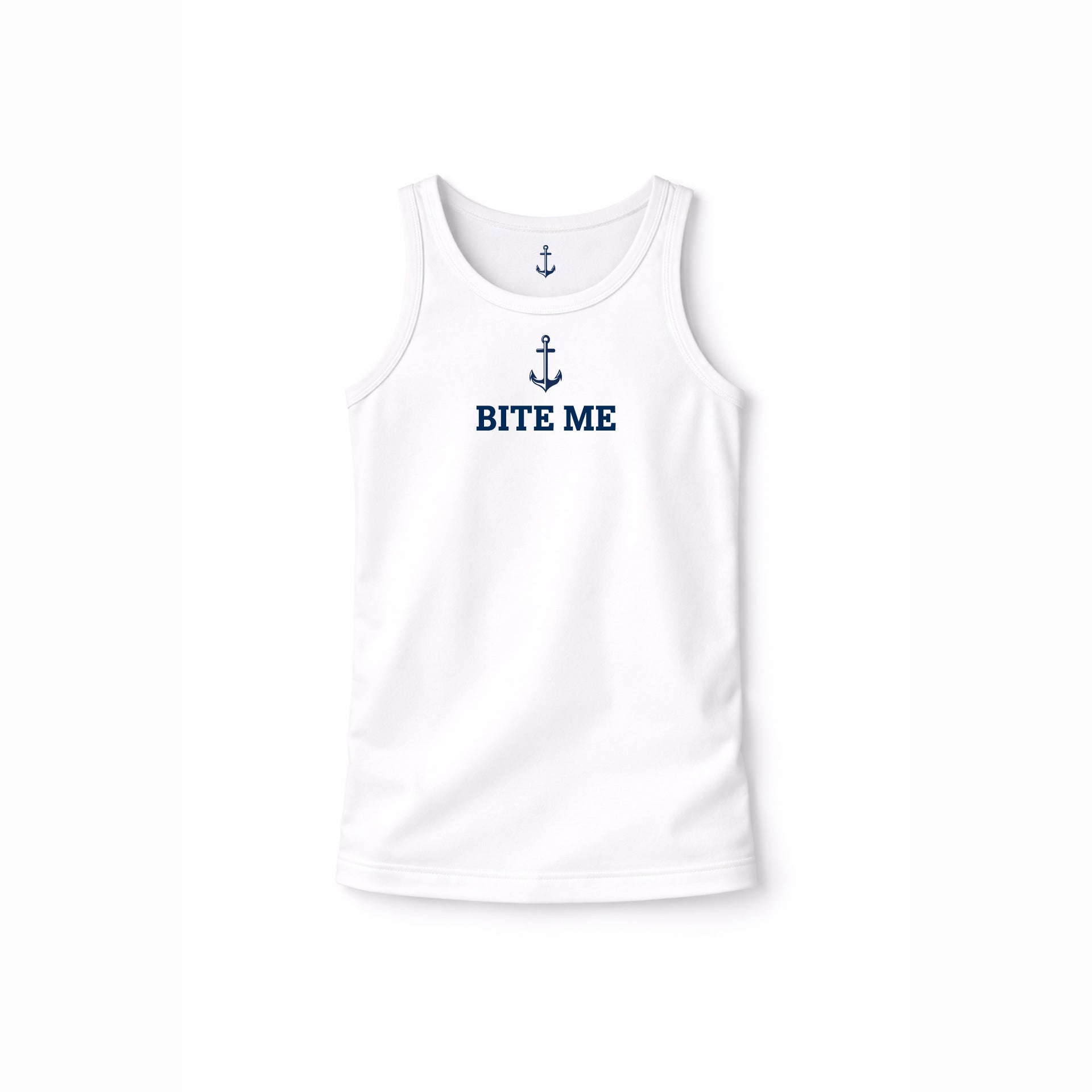 White tank top with 'BITE ME' text and anchor design on a white background