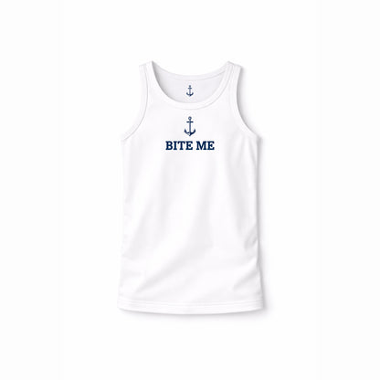 White tank top with 'BITE ME' text and anchor design on a white background