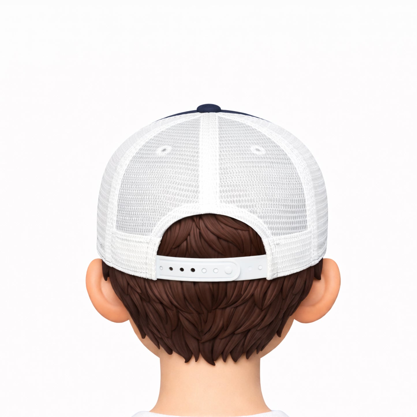 White trucker cap with a black brim on a mannequin head against a white background