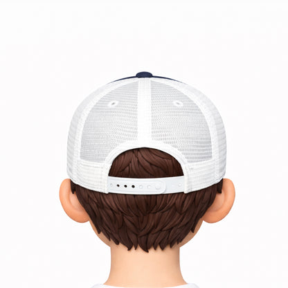 White trucker cap with a black brim on a mannequin head against a white background