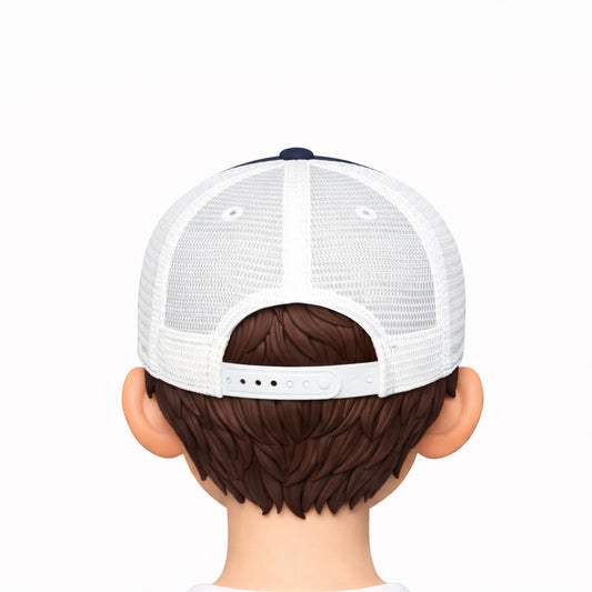 White trucker cap with a black brim on a mannequin head against a white background