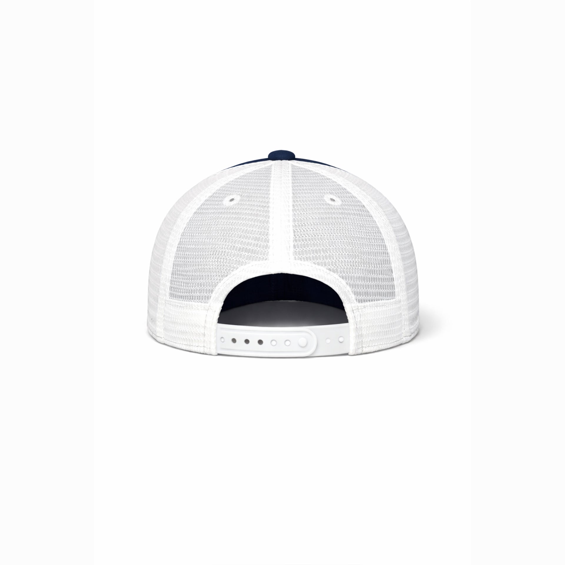 White mesh cap with a black brim on a white background