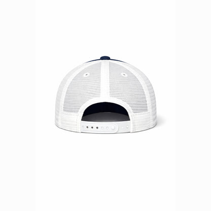 White mesh cap with a black brim on a white background