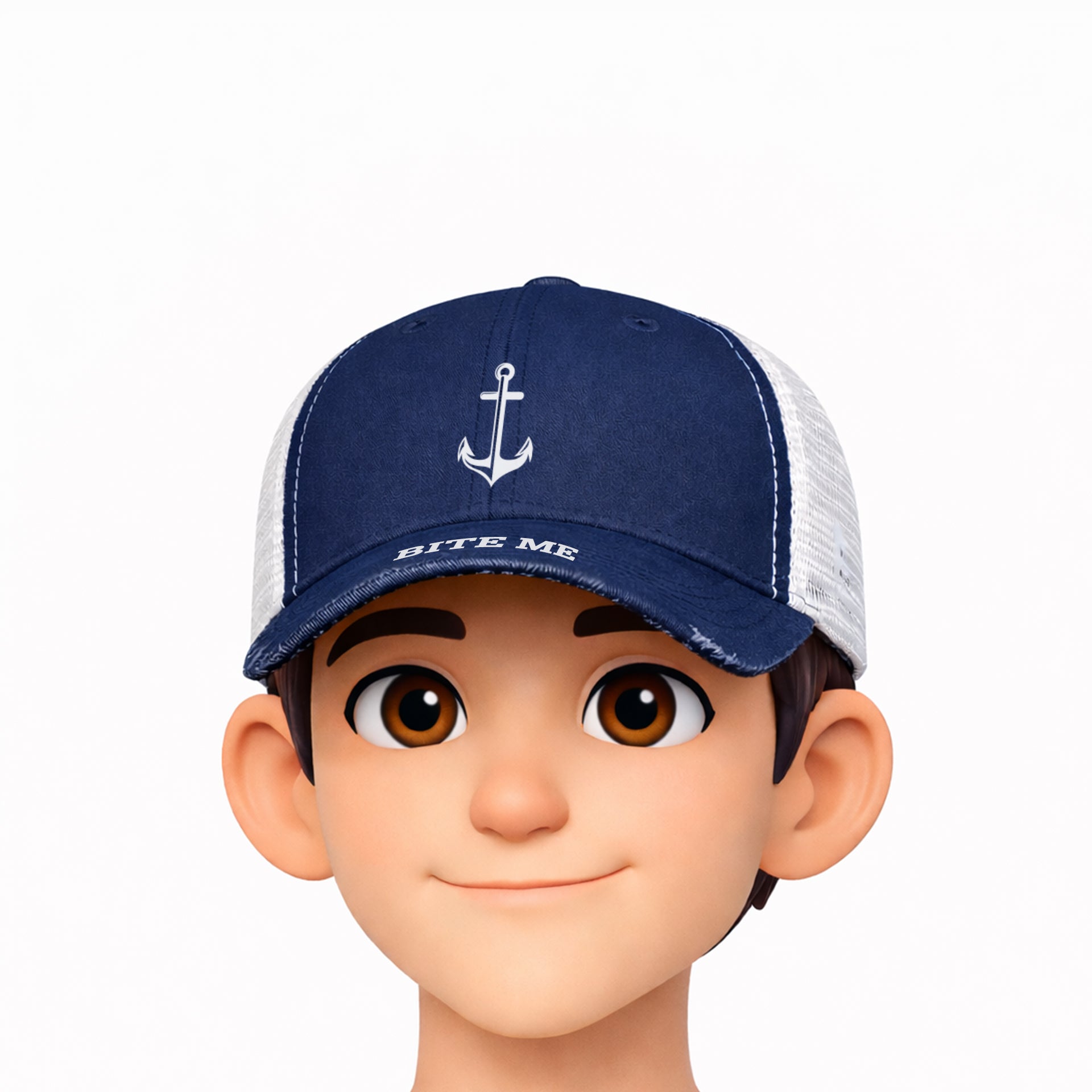 Navy blue cap with white anchor and 'Bite Me' text on a white background