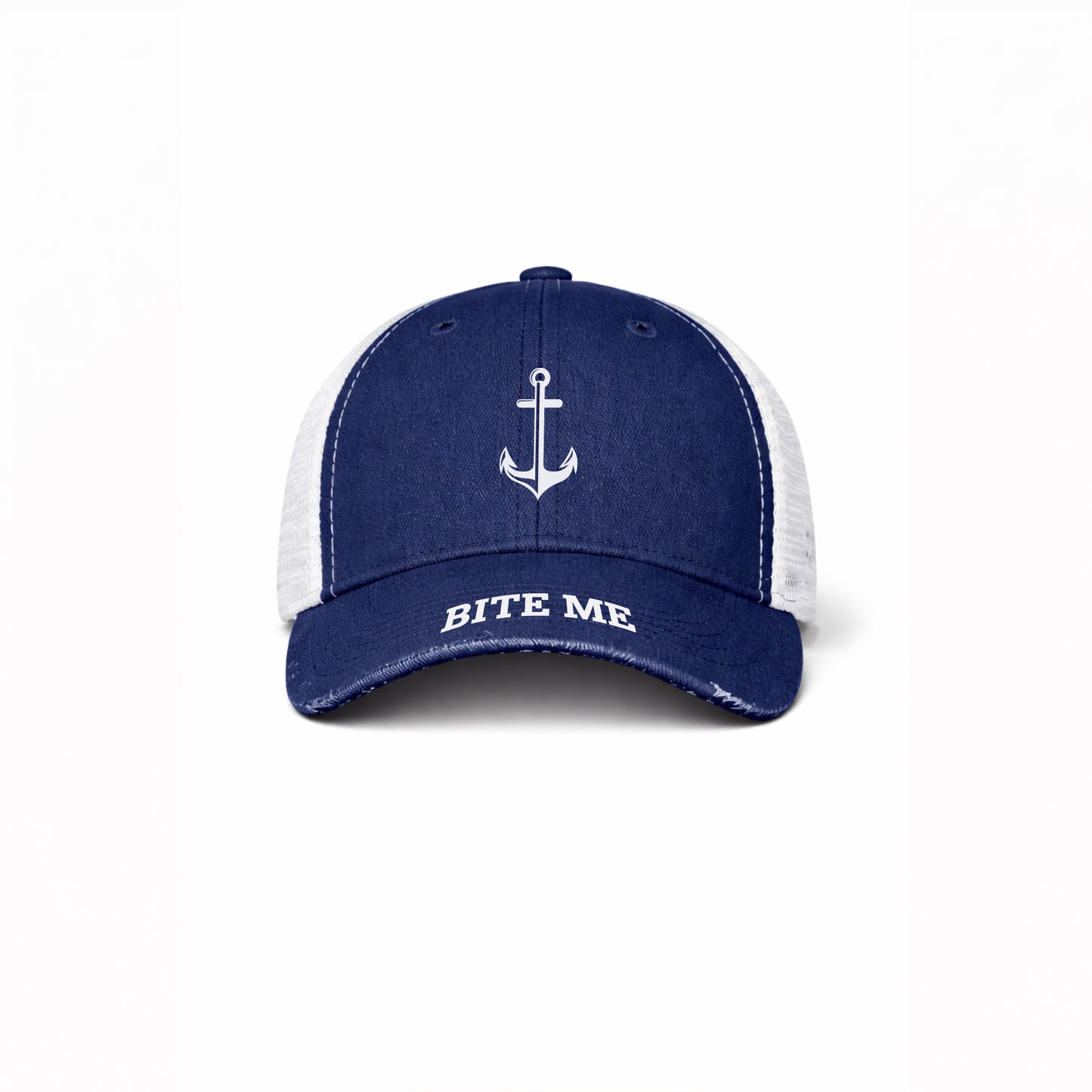 Navy blue and white cap with anchor design and 'Bite Me' text on a white background