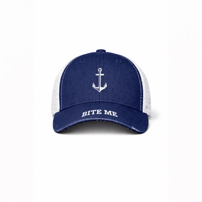 Navy blue and white cap with anchor design and 'Bite Me' text on a white background