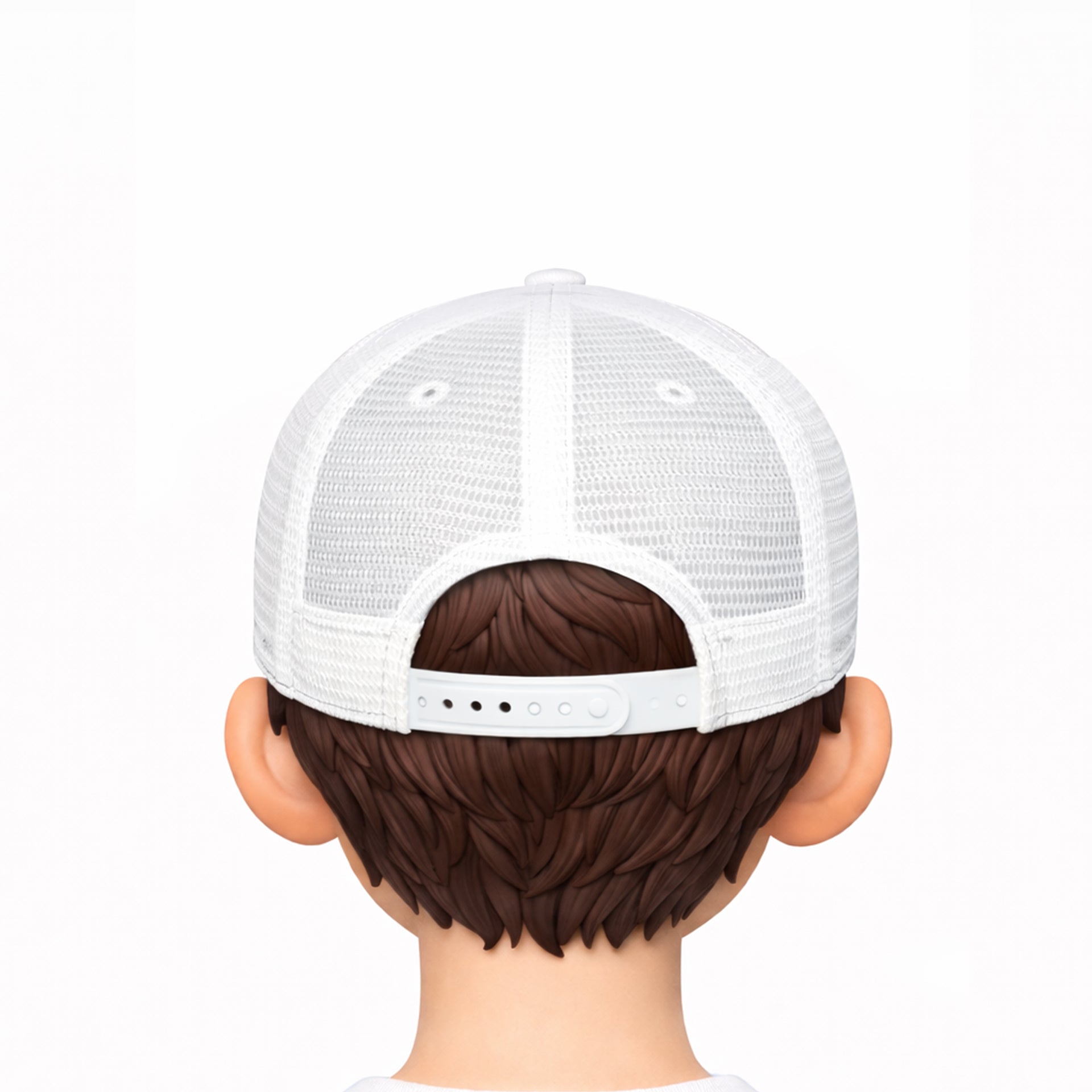 White trucker cap on a mannequin head with brown hair against a white background