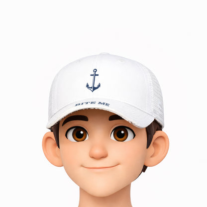 Animated character wearing a white cap with an anchor and text on a white background