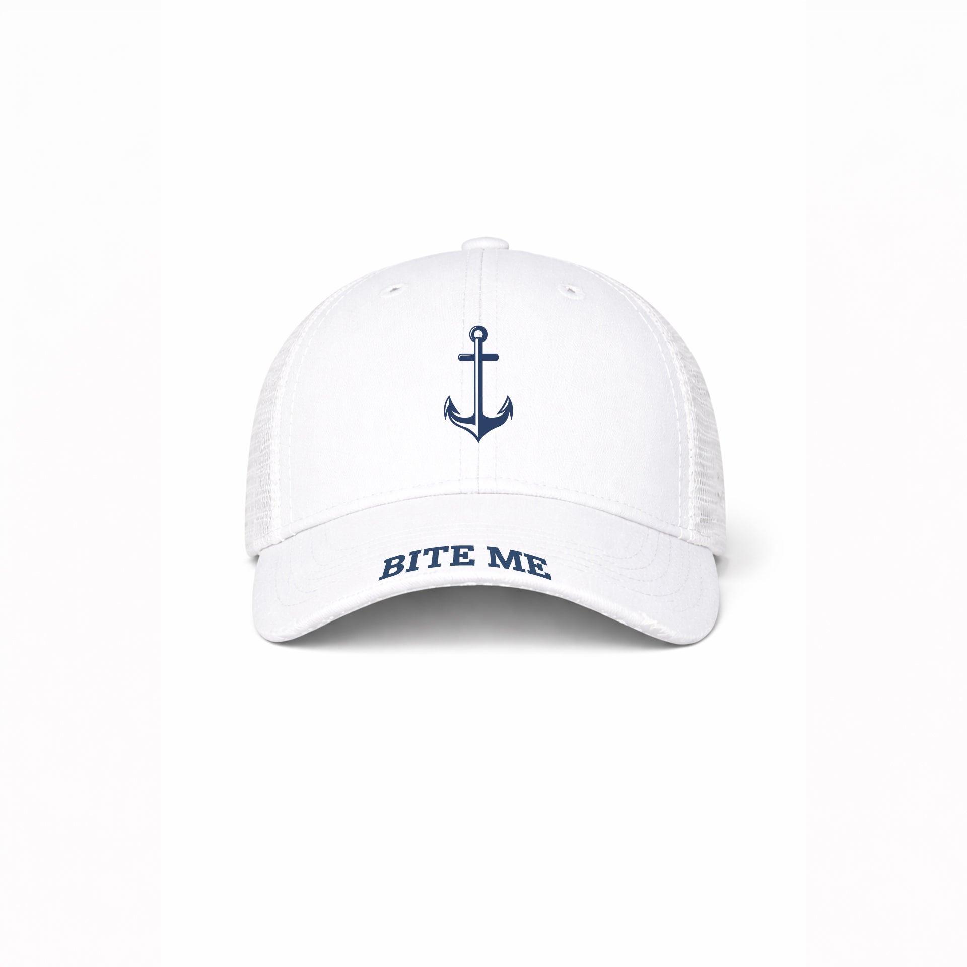 White cap with anchor design and 'Bite Me' text on a white background