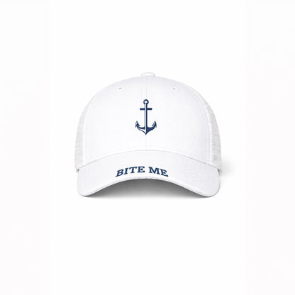 White cap with anchor design and 'Bite Me' text on a white background