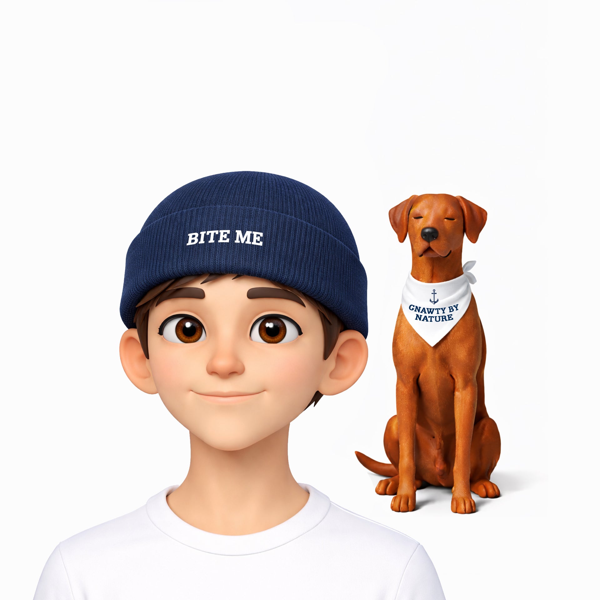 Animated character wearing a blue cap with 'BITE ME' text, sitting next to a dog with a bandana.