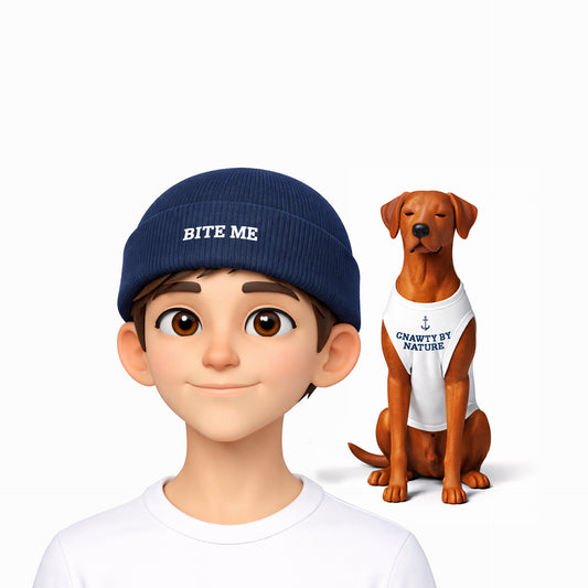 Animated character wearing a blue cap with 'BITE ME' text and a dog wearing a white shirt with 'GNAWY BY NATURE' text on a white background.