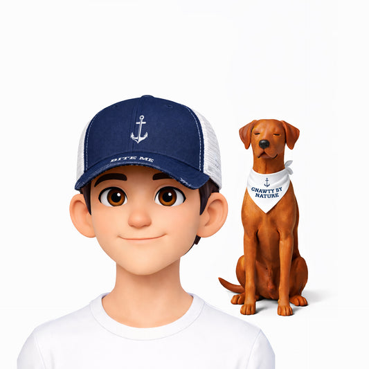 Animated character wearing a cap with text and a dog wearing a bandana with text on a white background