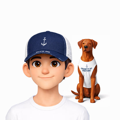 Person wearing a blue cap with an anchor and text, next to a dog wearing a white shirt with similar text.