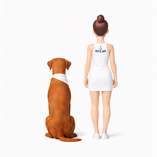 Animated character of a woman and dog wearing white outfits on a white background
