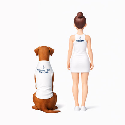 Dog and person wearing matching white outfits with text on a white background